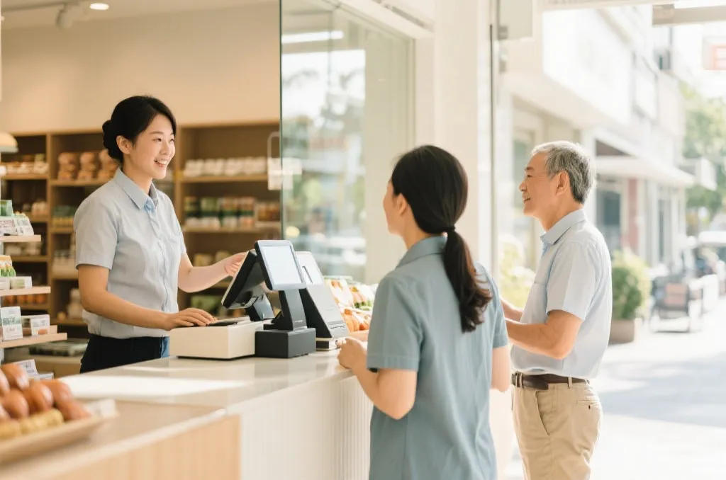 商户与顾客在明亮整洁的店铺前有序交流与结账